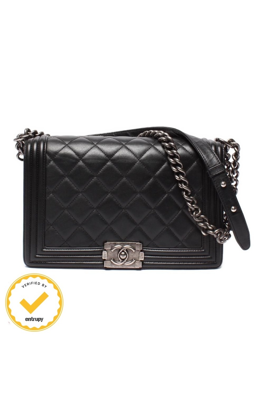 Chanel Chain Shoulder Bag Vintage Silver Smooth Leather Boy 25
